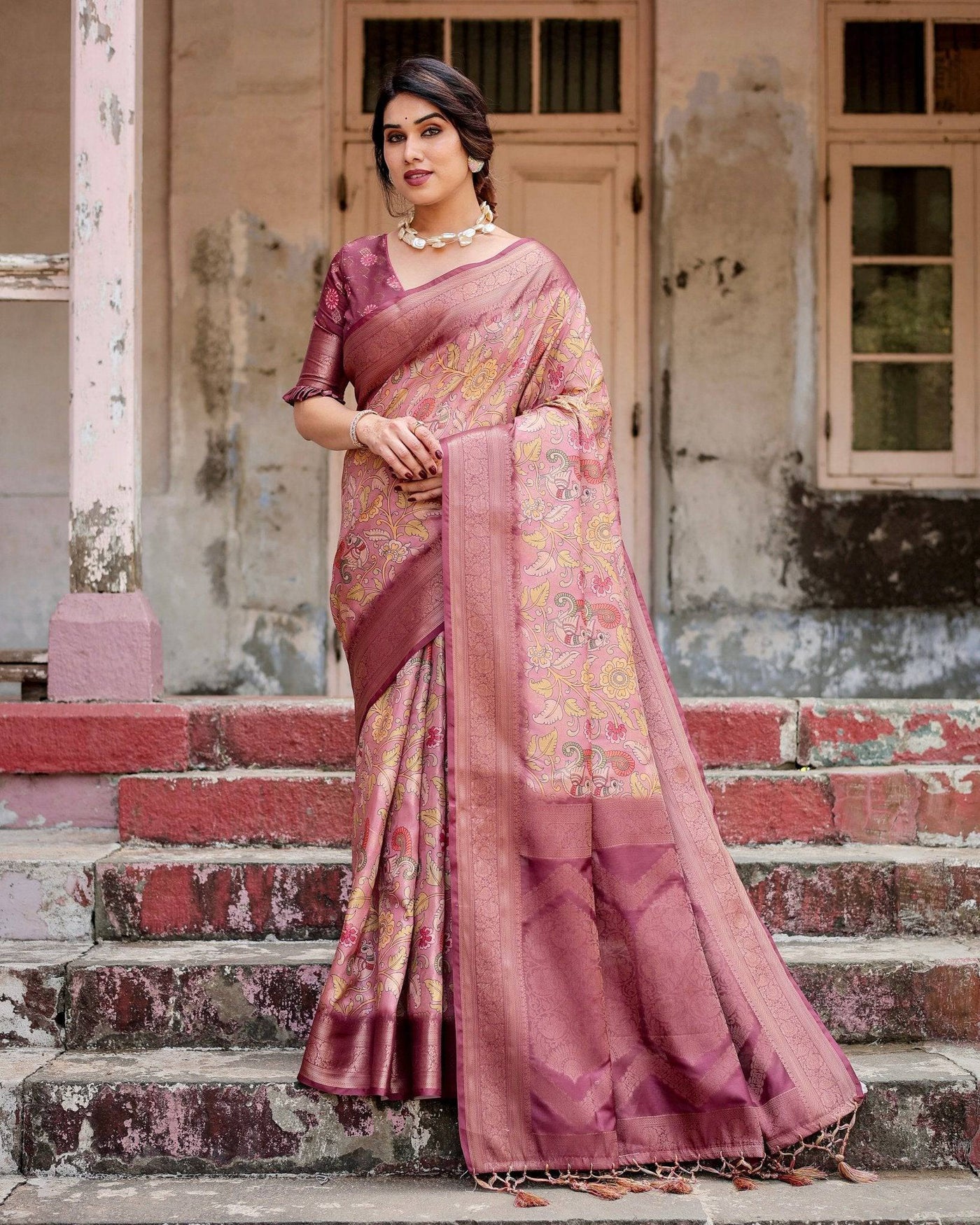 Elegant Pink Banarasi Silk Saree with Floral Zari Weaving and Tassel-Embellished Pallu