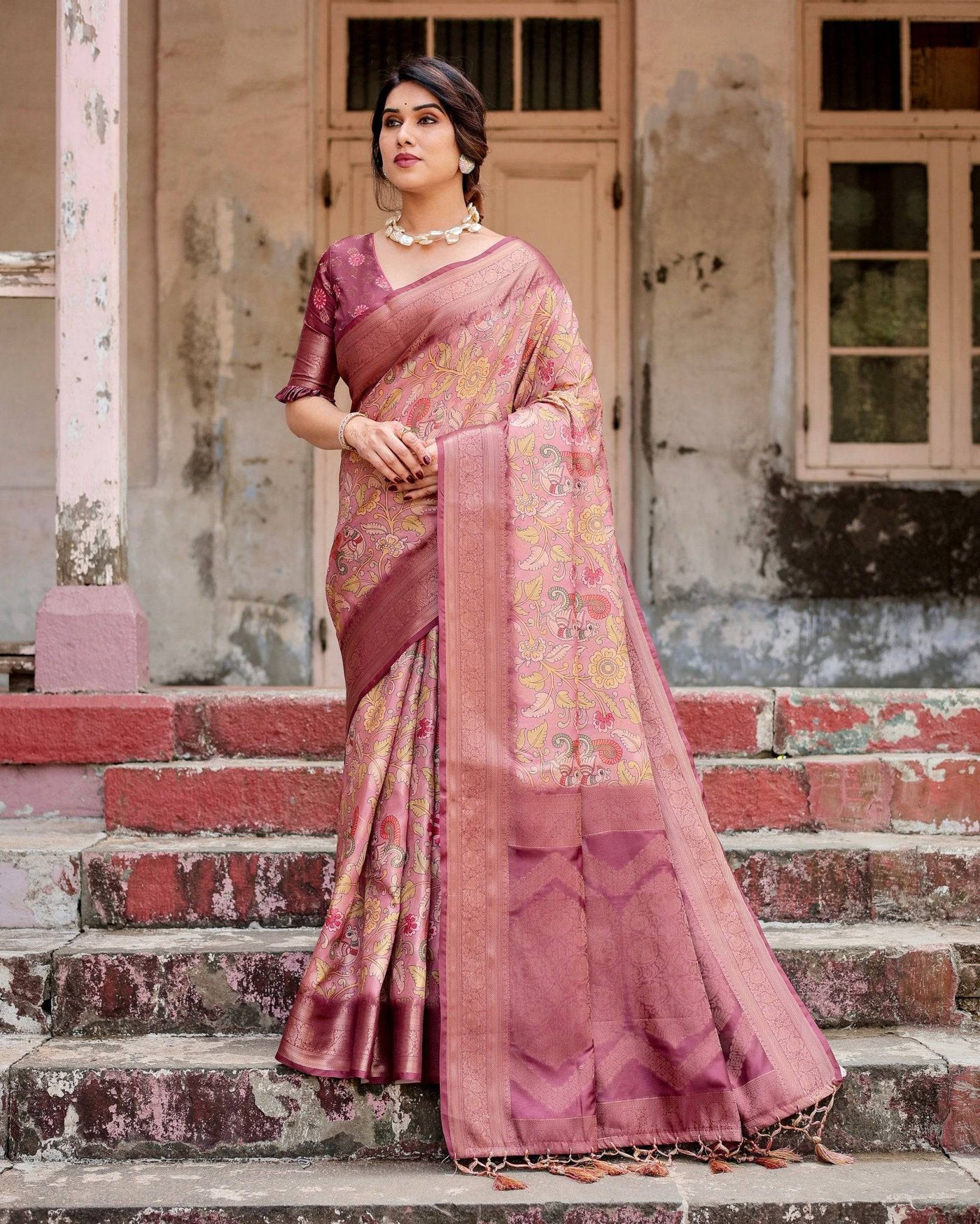 Elegant Pink Banarasi Silk Saree with Floral Zari Weaving and Tassel-Embellished Pallu