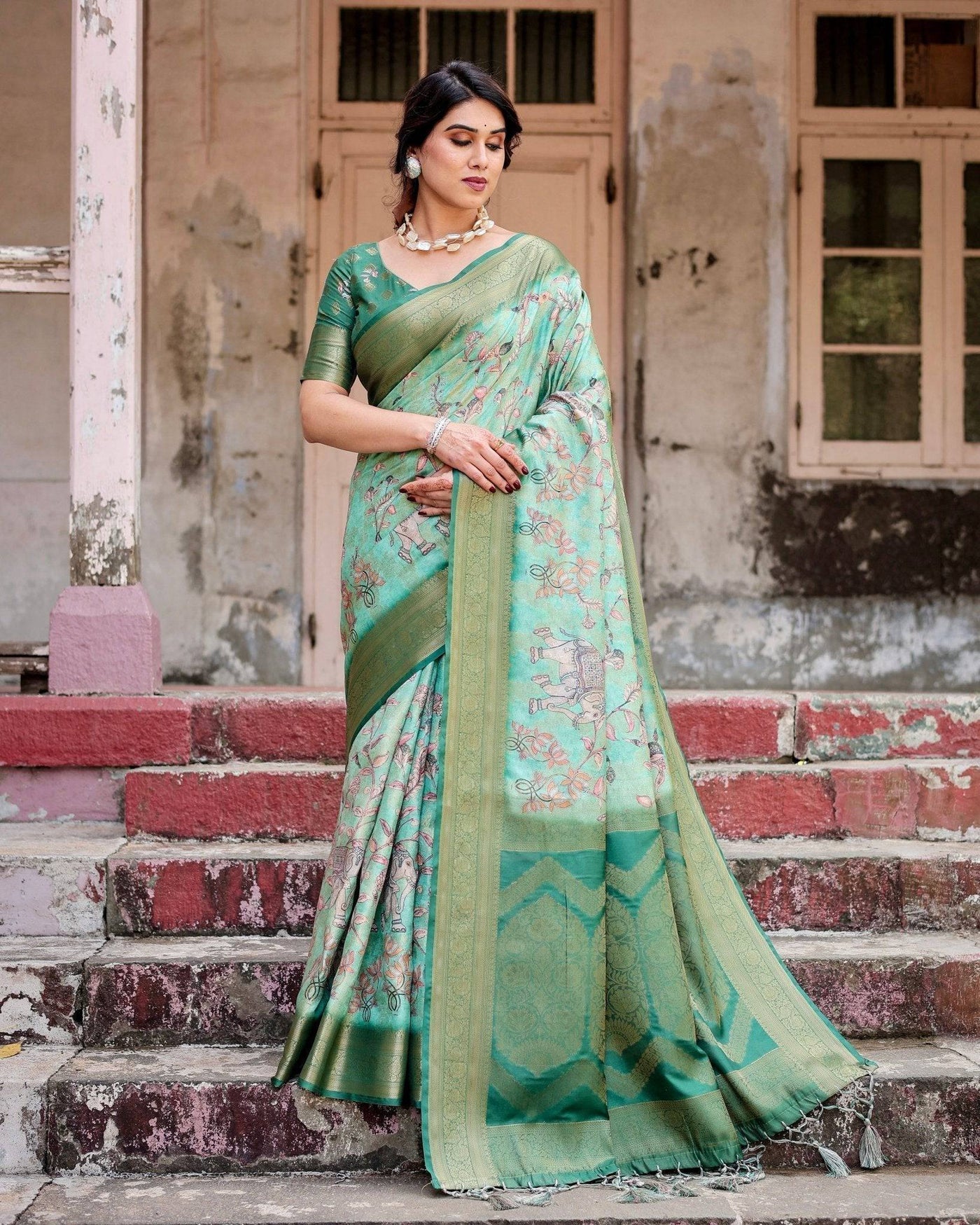 Pure Banarasi Silk Saree Weaved With Golden Zari Comes With Tassels