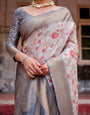 Elegant Grey Banarasi Silk Saree with Intricate Floral Design and Zari Weave