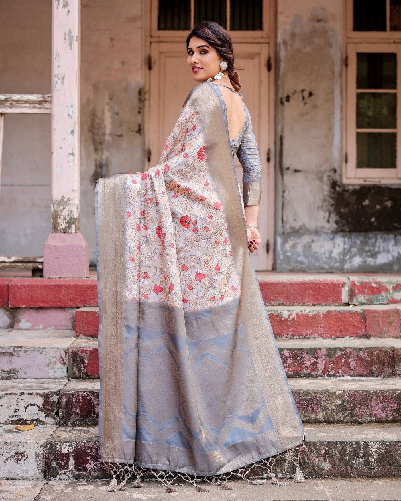 Elegant Grey Banarasi Silk Saree with Intricate Floral Design and Zari Weave