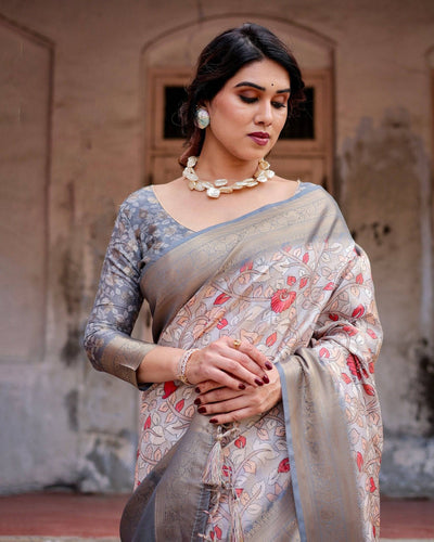 Elegant Grey Banarasi Silk Saree with Intricate Floral Design and Zari Weave