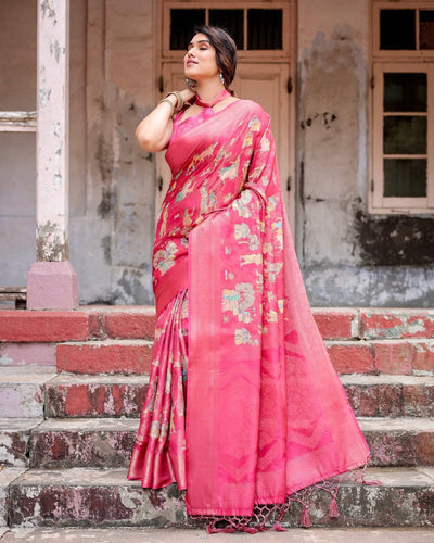 Regal Pink Banarasi Silk Saree with Zari Weave and Intricate Tassels