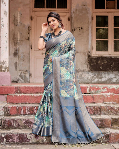 Graceful Navy Blue Banarasi Silk Saree with Nature-Inspired Digital Prints and Elegant Zari Woven Border