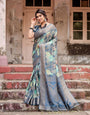 Graceful Navy Blue Banarasi Silk Saree with Nature-Inspired Digital Prints and Elegant Zari Woven Border