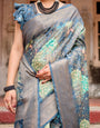 Graceful Navy Blue Banarasi Silk Saree with Nature-Inspired Digital Prints and Elegant Zari Woven Border