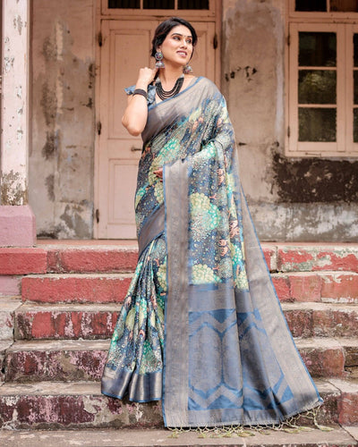 Graceful Navy Blue Banarasi Silk Saree with Nature-Inspired Digital Prints and Elegant Zari Woven Border