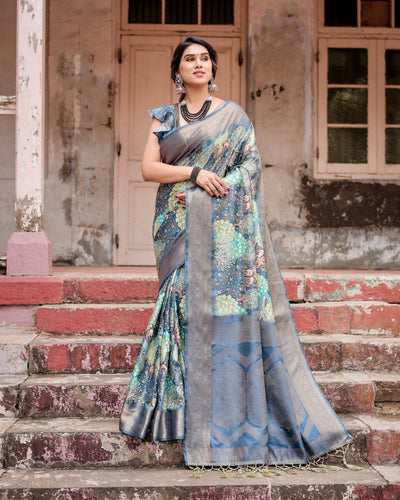 Graceful Navy Blue Banarasi Silk Saree with Nature-Inspired Digital Prints and Elegant Zari Woven Border