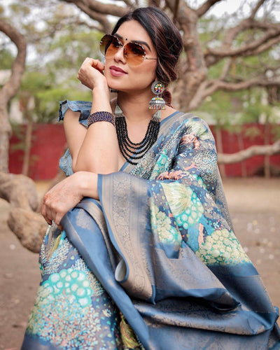 Graceful Navy Blue Banarasi Silk Saree with Nature-Inspired Digital Prints and Elegant Zari Woven Border