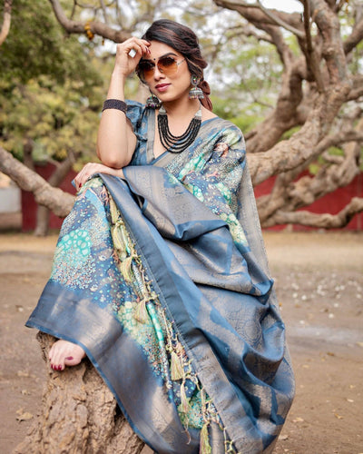 Graceful Navy Blue Banarasi Silk Saree with Nature-Inspired Digital Prints and Elegant Zari Woven Border