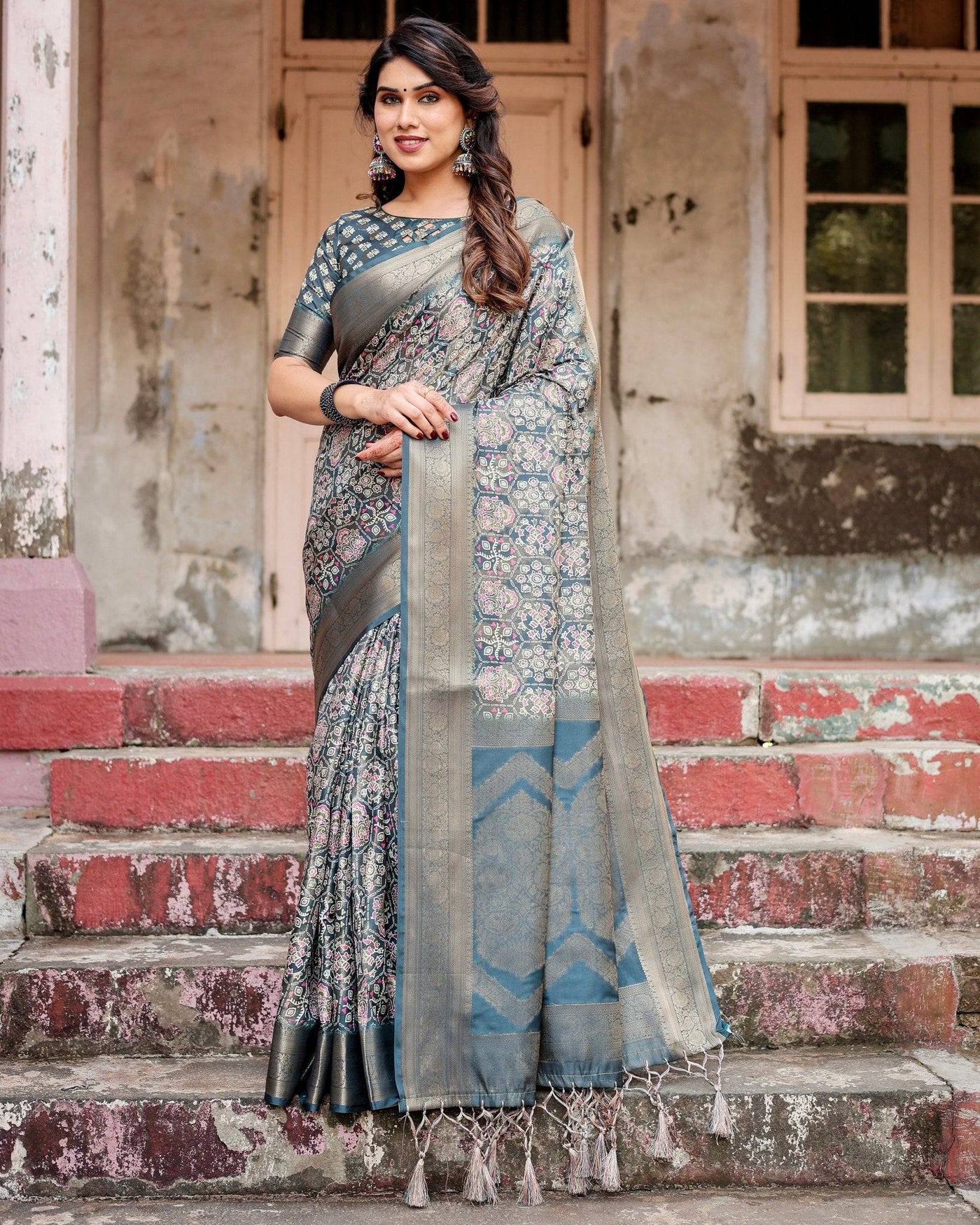 Elegant Blue and Grey Banarasi Silk Saree with Intricate Floral Patterns, Zari Woven Borders, and Tassel Accents