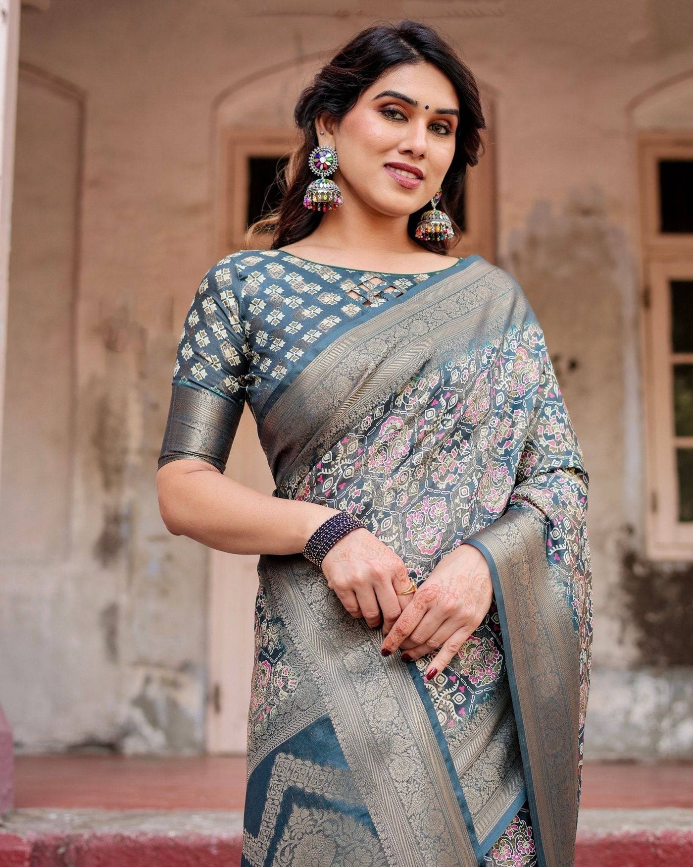 Elegant Blue and Grey Banarasi Silk Saree with Intricate Floral Patterns, Zari Woven Borders, and Tassel Accents