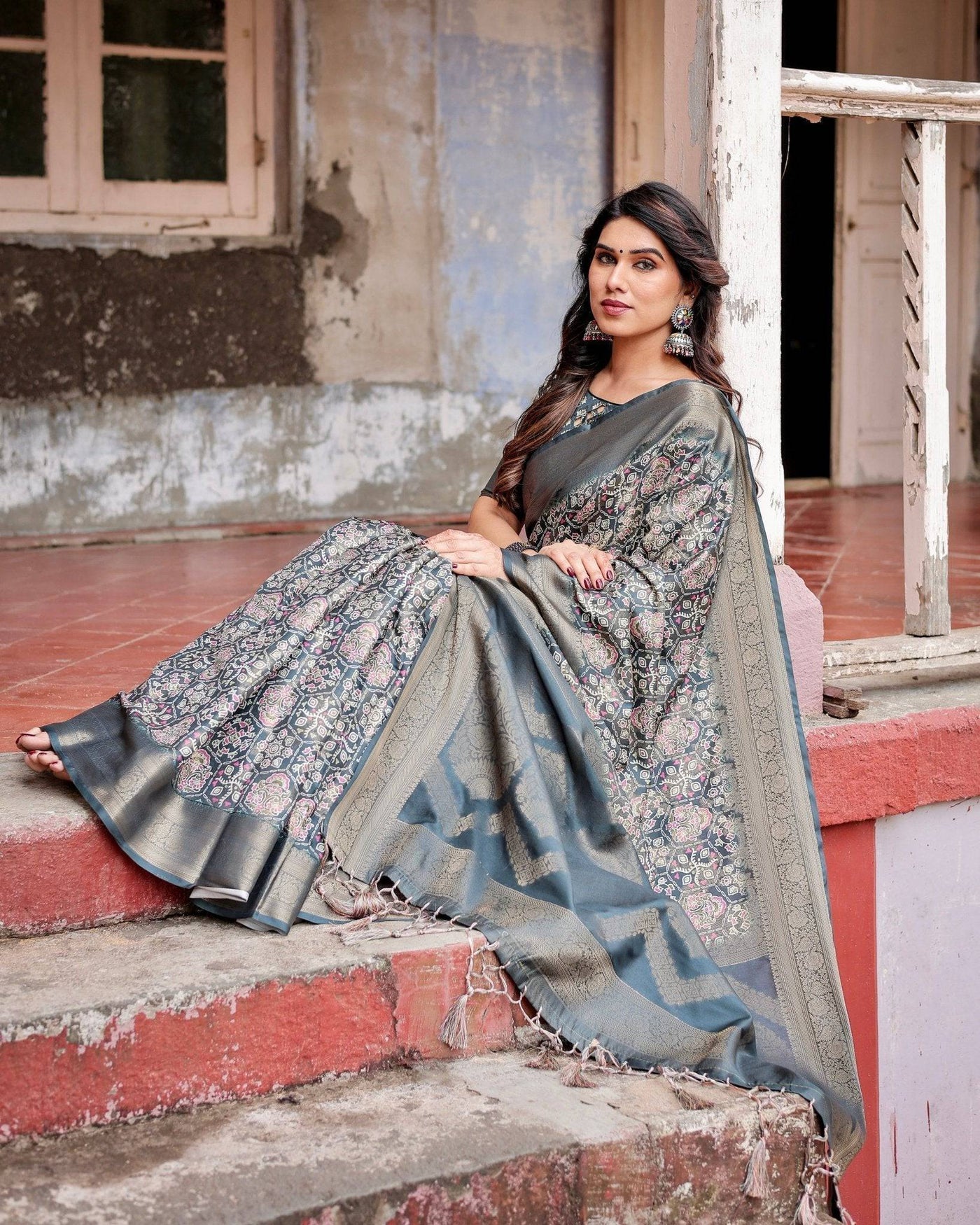 Elegant Blue and Grey Banarasi Silk Saree with Intricate Floral Patterns, Zari Woven Borders, and Tassel Accents