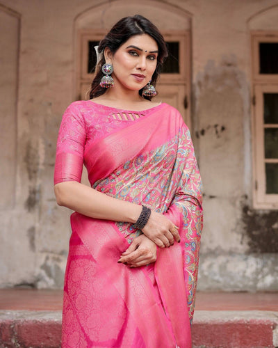 Elegant Pink Banarasi Silk Saree with Paisley Design, Zari Weaving, and Tassels