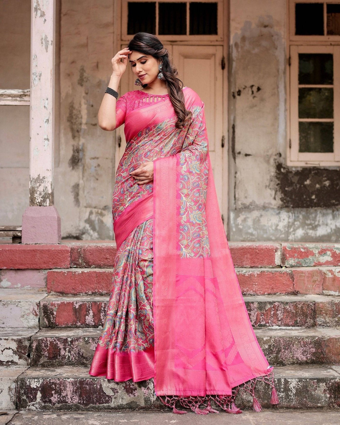 Elegant Pink Banarasi Silk Saree with Paisley Design, Zari Weaving, and Tassels