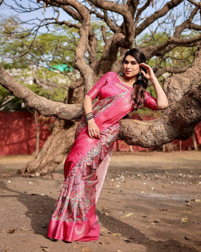 Elegant Pink Banarasi Silk Saree with Paisley Design, Zari Weaving, and Tassels