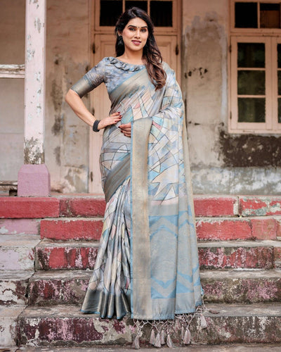 Elegant Pastel Blue Banarasi Silk Saree with Intricate Geometric Design and Zari Work Tassel Pallu