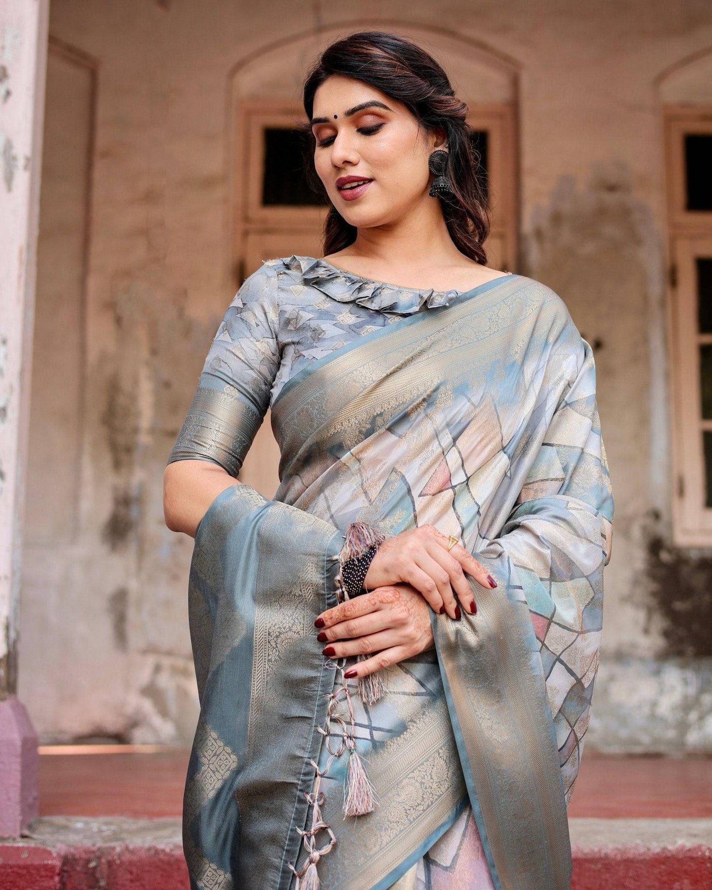 Elegant Pastel Blue Banarasi Silk Saree with Intricate Geometric Design and Zari Work Tassel Pallu