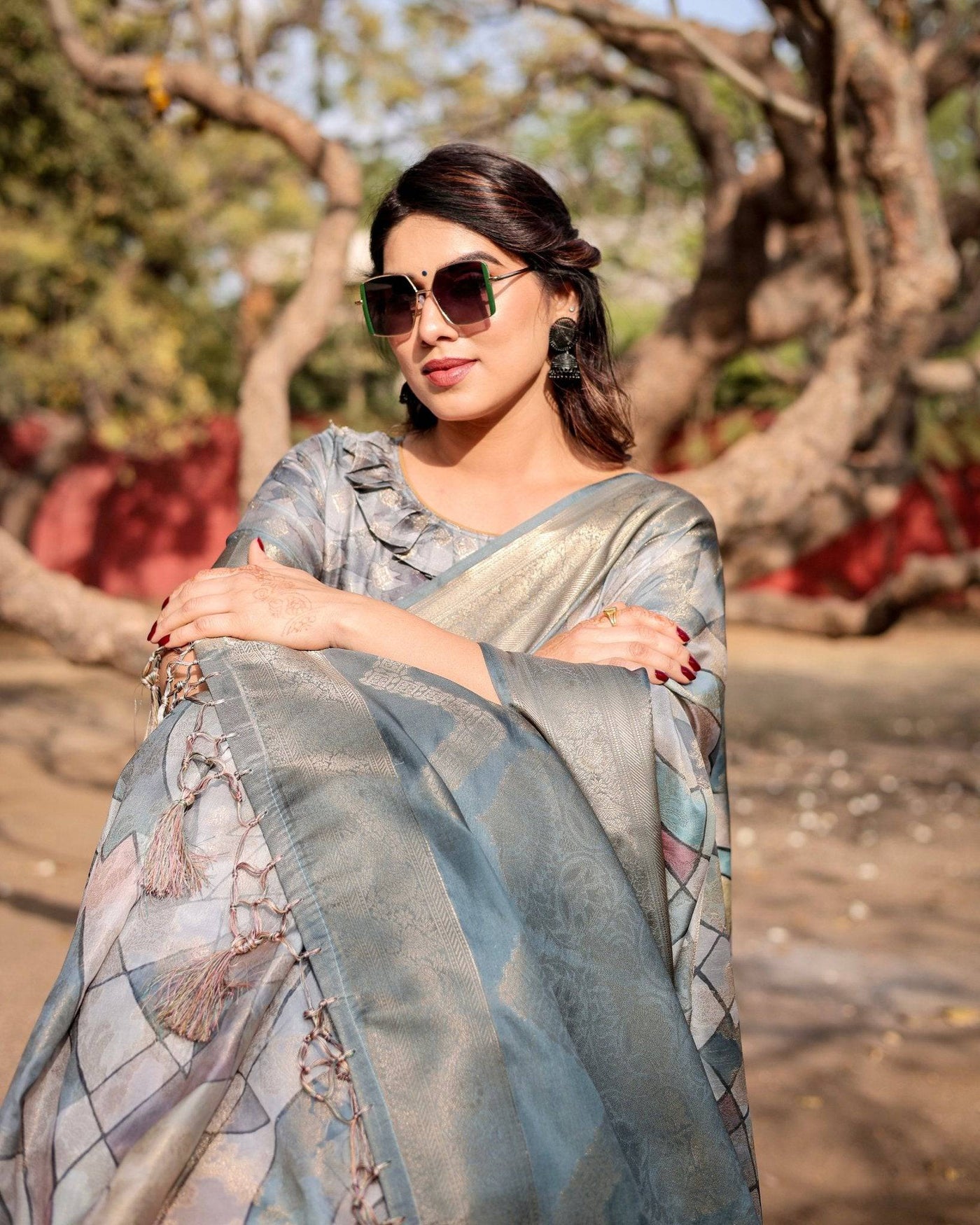 Elegant Pastel Blue Banarasi Silk Saree with Intricate Geometric Design and Zari Work Tassel Pallu