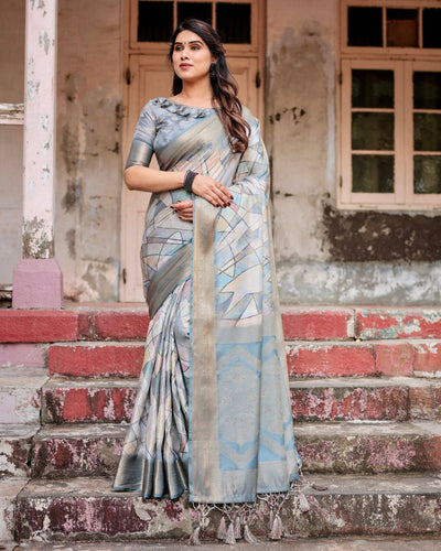 Elegant Pastel Blue Banarasi Silk Saree with Intricate Geometric Design and Zari Work Tassel Pallu