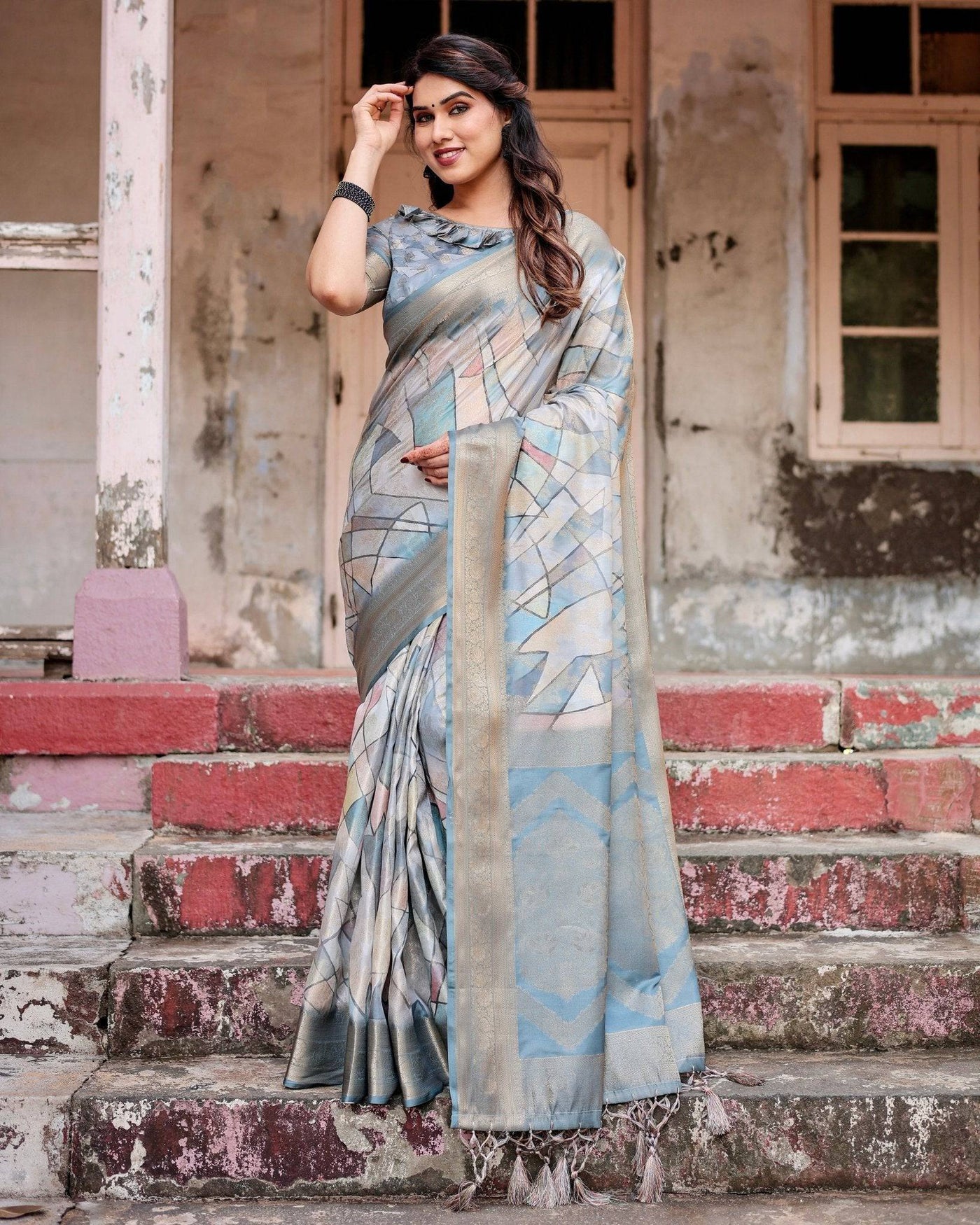 Pure Banarasi Silk Saree Weaved With Golden Zari Comes With Tassels