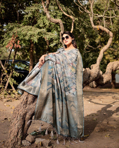 Elegant Pastel Blue Banarasi Silk Saree with Intricate Geometric Design and Zari Work Tassel Pallu