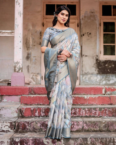 Elegant Pastel Blue Banarasi Silk Saree with Intricate Geometric Design and Zari Work Tassel Pallu