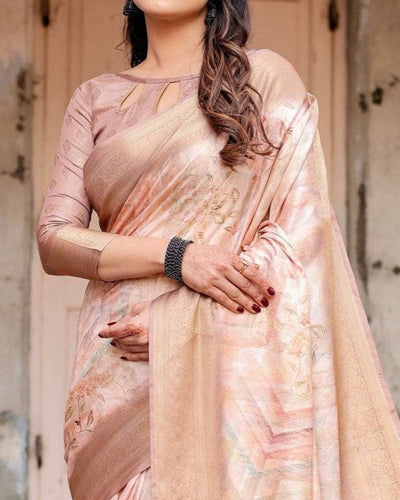 Elegant Beige Banarasi Silk Saree with Tassels and Zari Work