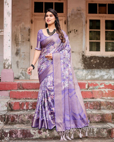 Elegant Purple Banarasi Silk Saree with Floral Weave, Zari Border, and Tassels