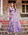 Elegant Purple Banarasi Silk Saree with Floral Weave, Zari Border, and Tassels