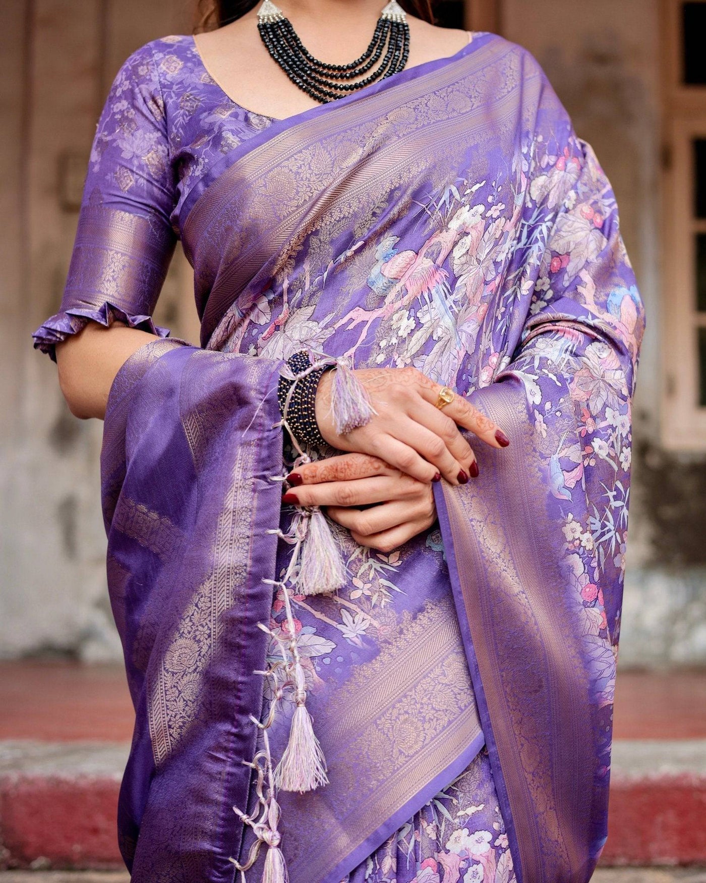 Elegant Purple Banarasi Silk Saree with Floral Weave, Zari Border, and Tassels