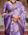 Elegant Purple Banarasi Silk Saree with Floral Weave, Zari Border, and Tassels