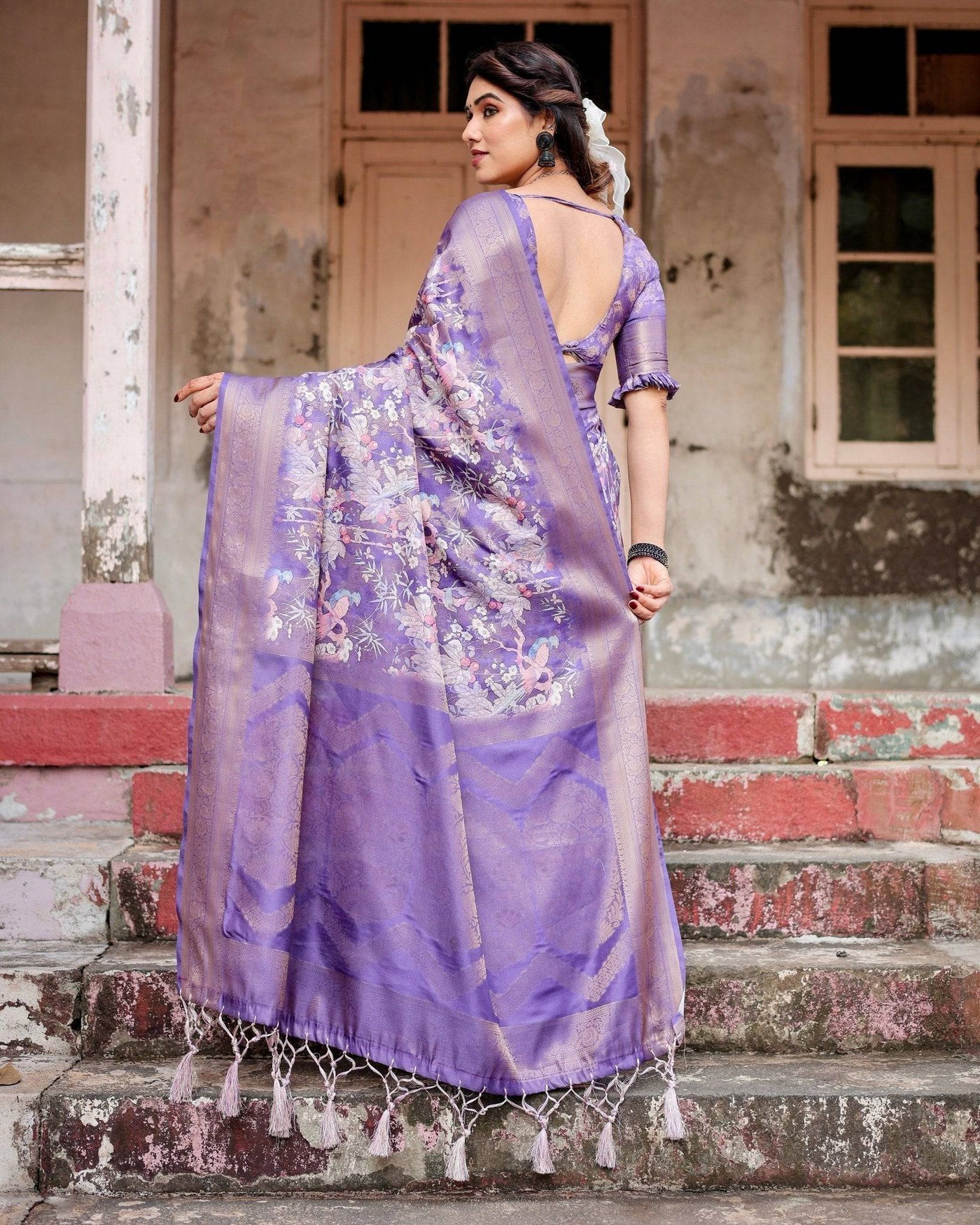 Elegant Purple Banarasi Silk Saree with Floral Weave, Zari Border, and Tassels