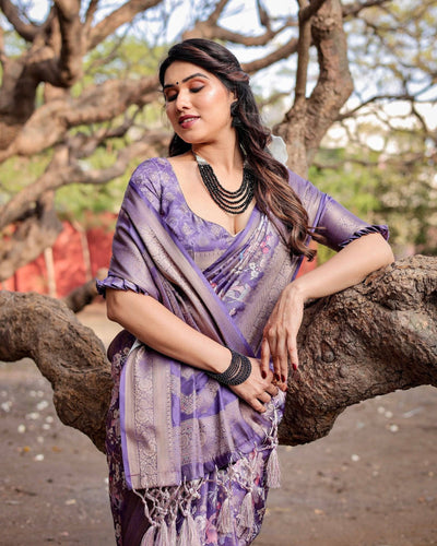 Elegant Purple Banarasi Silk Saree with Floral Weave, Zari Border, and Tassels