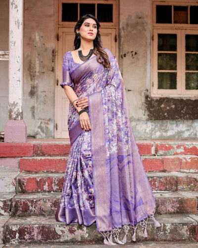 Elegant Purple Banarasi Silk Saree with Floral Weave, Zari Border, and Tassels