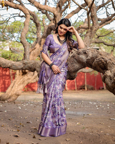 Elegant Purple Banarasi Silk Saree with Floral Weave, Zari Border, and Tassels