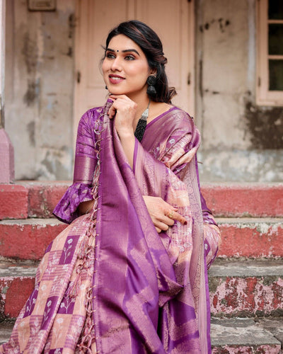 Exquisite Lavender Banarasi Silk Saree with Zari Weave and Tassels