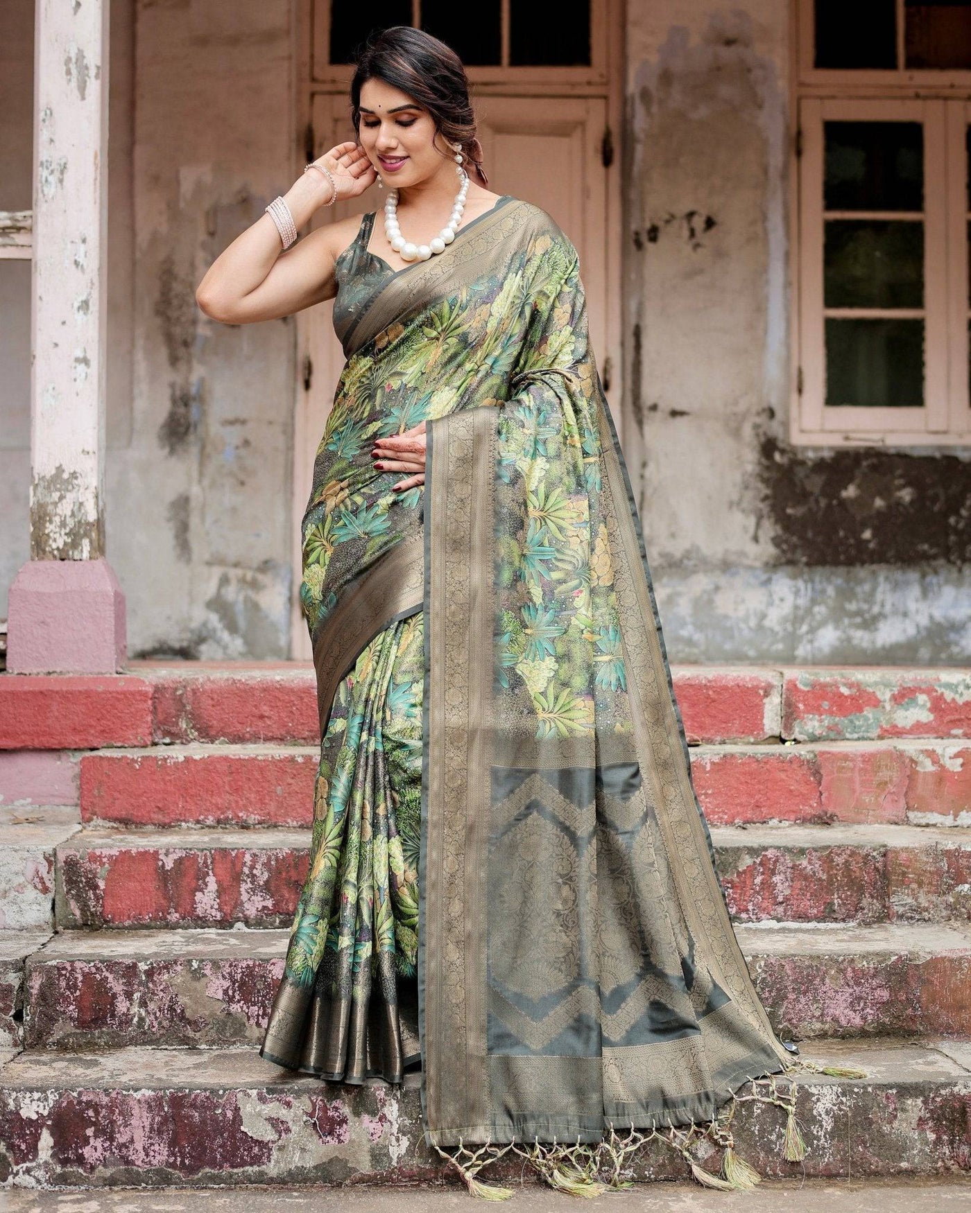 Green Banarasi Silk Saree with Lush Botanical Digital Print & Intricate Zari Border