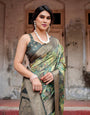 Green Banarasi Silk Saree with Lush Botanical Digital Print & Intricate Zari Border