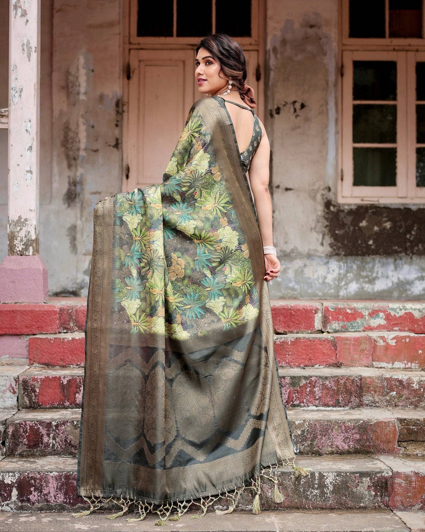 Green Banarasi Silk Saree with Lush Botanical Digital Print & Intricate Zari Border