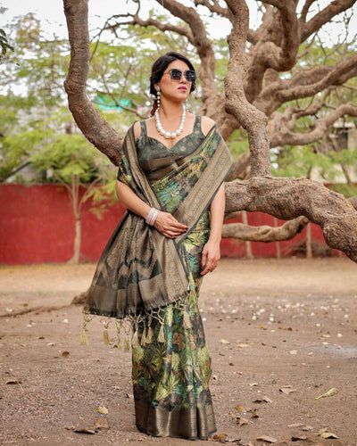 Green Banarasi Silk Saree with Lush Botanical Digital Print & Intricate Zari Border