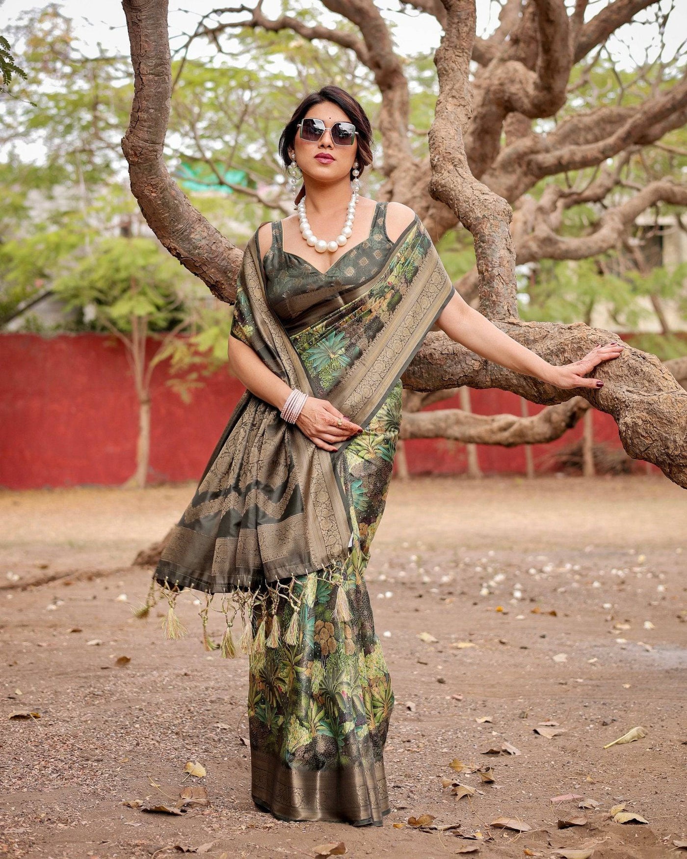 Green Banarasi Silk Saree with Lush Botanical Digital Print & Intricate Zari Border