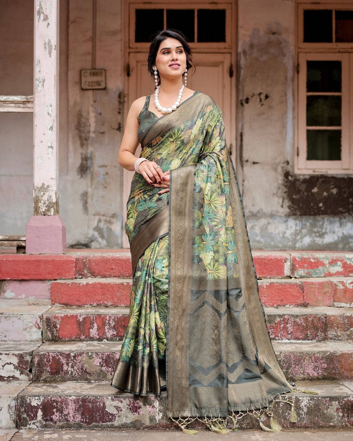 Green Banarasi Silk Saree with Lush Botanical Digital Print & Intricate Zari Border