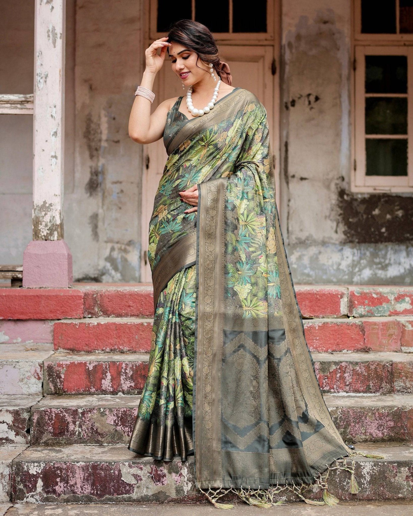 Green Banarasi Silk Saree with Lush Botanical Digital Print & Intricate Zari Border