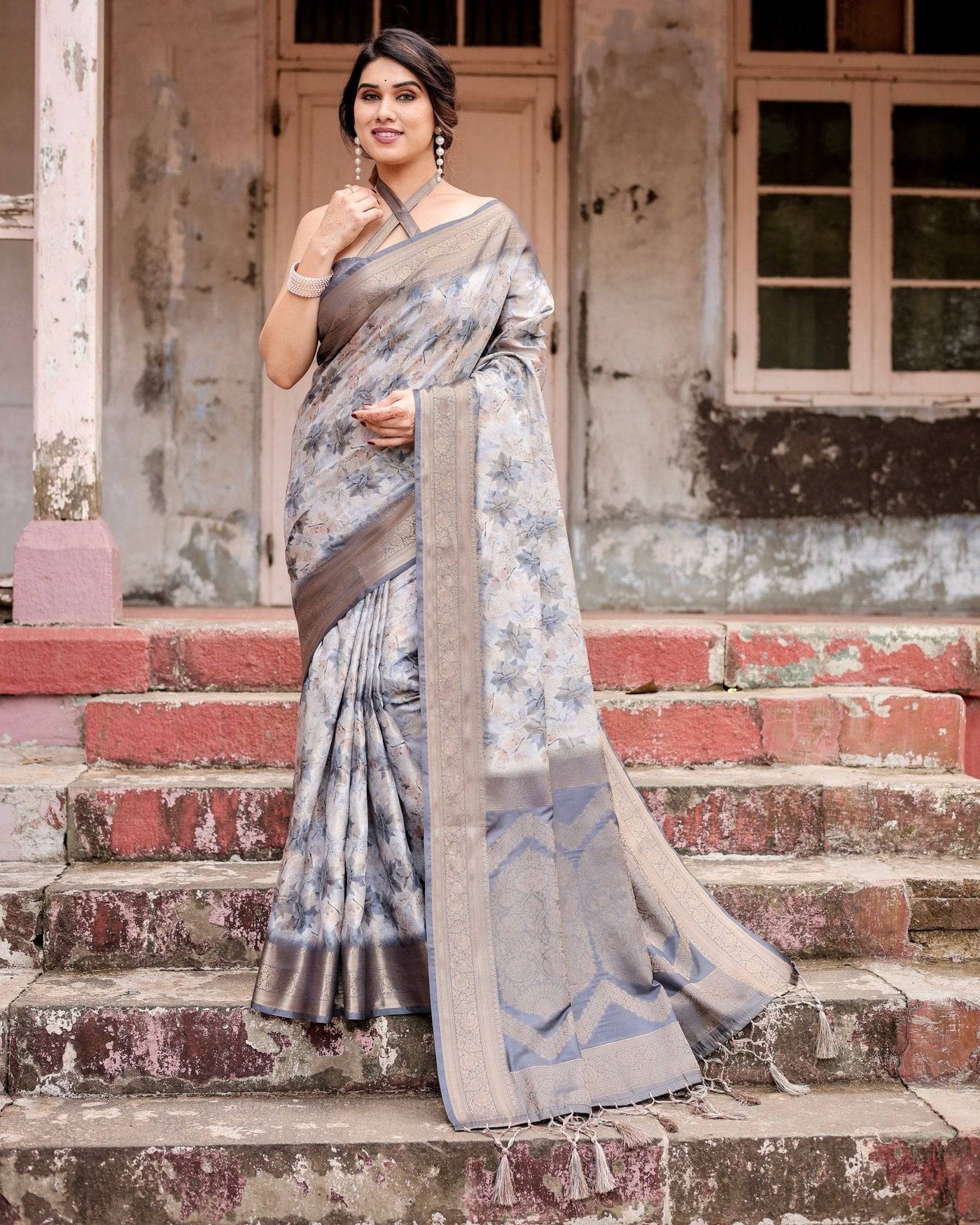 Grey Banarasi Silk Saree with Abstract Floral Print, Zari Border & Tassel Detailing