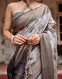 Grey Banarasi Silk Saree with Abstract Floral Print, Zari Border & Tassel Detailing