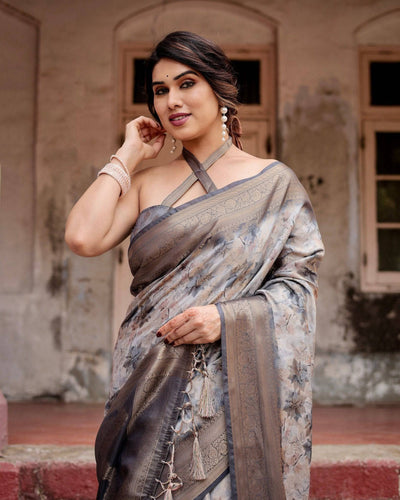 Grey Banarasi Silk Saree with Abstract Floral Print, Zari Border & Tassel Detailing