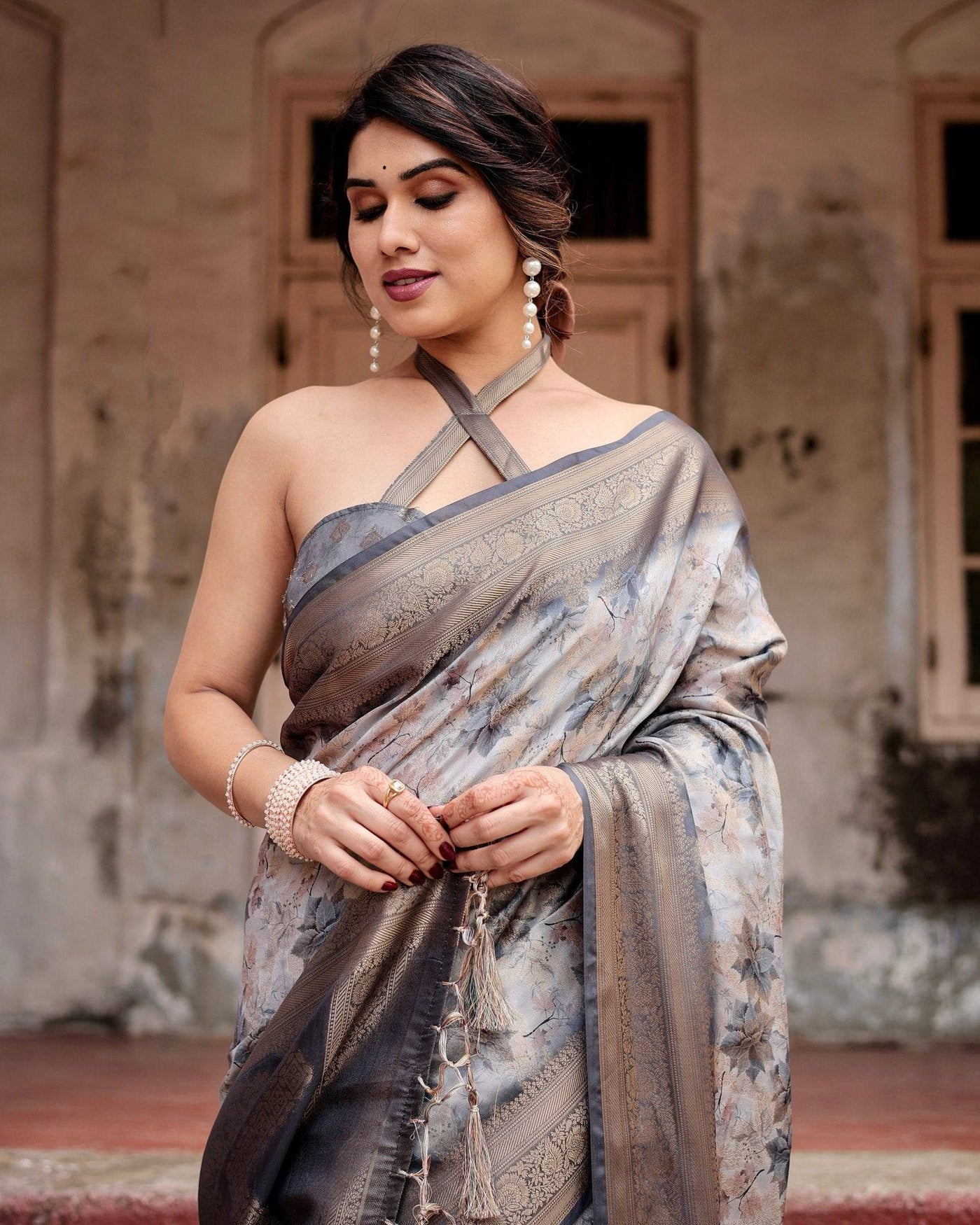 Pure Banarasi Silk Saree Weaved With Golden Zari Comes With Tassels