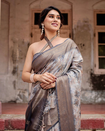 Grey Banarasi Silk Saree with Abstract Floral Print, Zari Border & Tassel Detailing