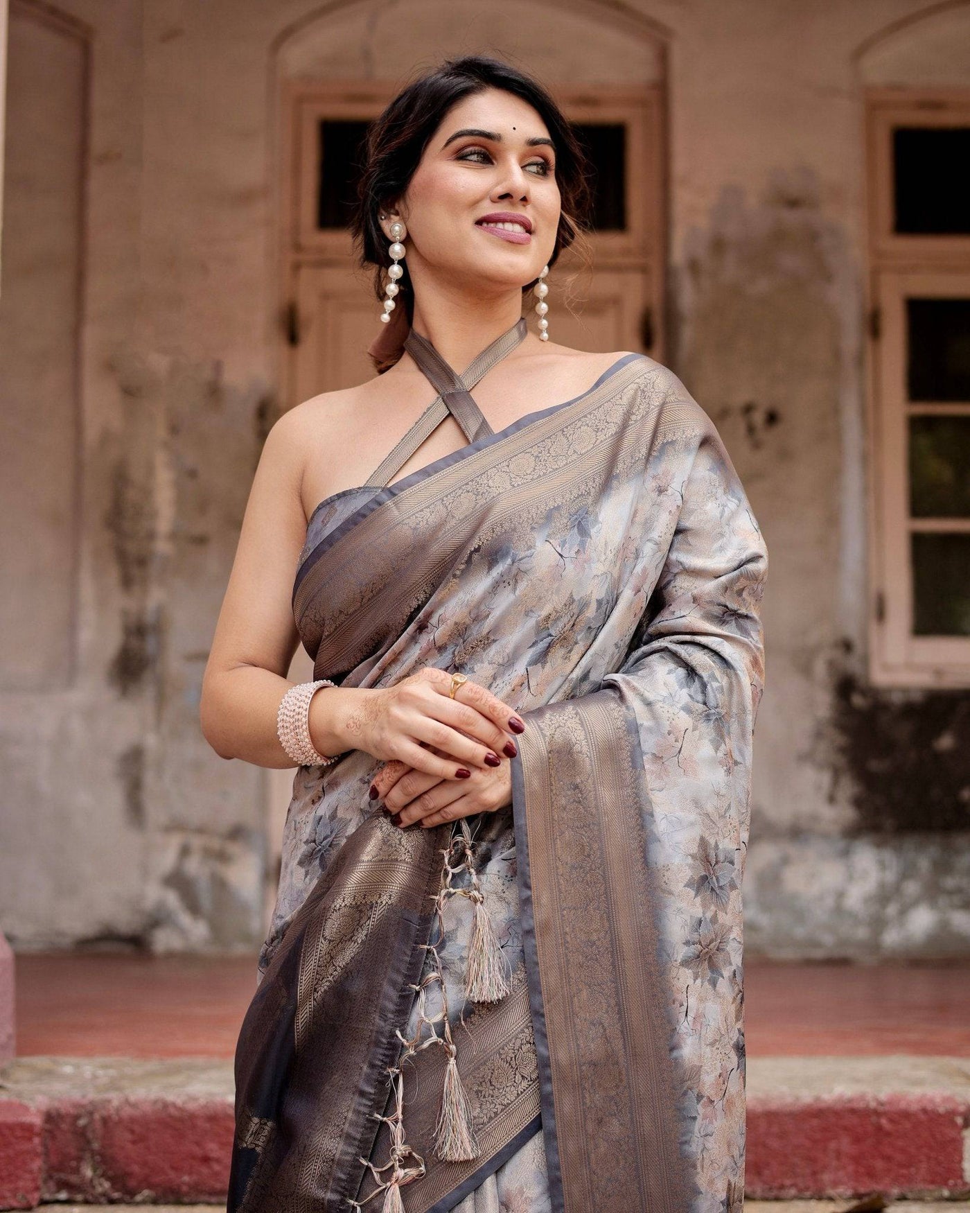 Pure Banarasi Silk Saree Weaved With Golden Zari Comes With Tassels